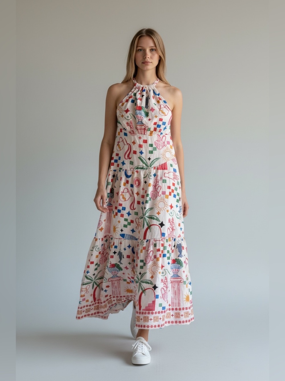 WHITE CLOSET Halter Midi Dress w/ Multicolor Print